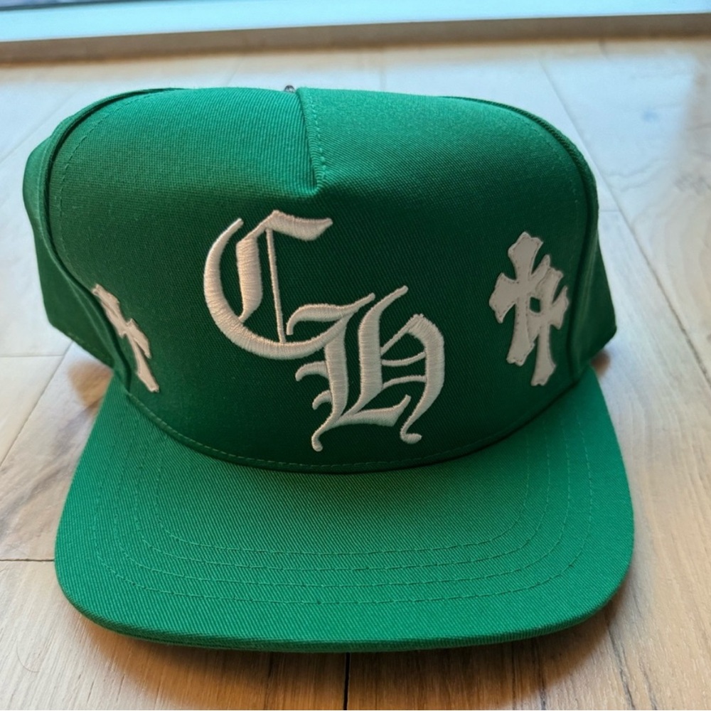 Chrome hearts leather cross Green Baseball Cap with White Embroidery